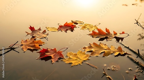 Warm golden-hour glow illuminating calm water with floating leaves in a simple arrangement