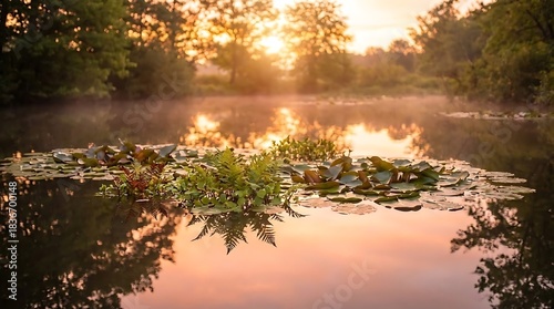 Warm soft light highlighting drifting aquatic plants on a calm reflective surface
