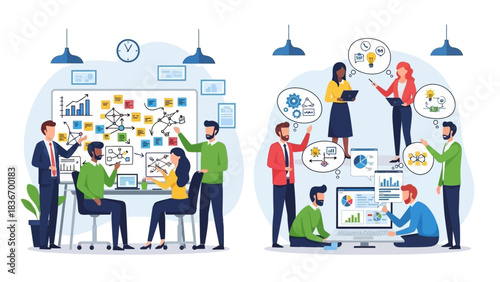 Collaborative business teams engage in strategic project planning and innovative brainstorming sessions, fostering teamwork and problem-solving to drive organizational success