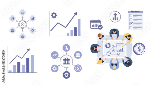 Business meeting analytics and strategy planning with charts, graphs, and financial icons