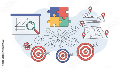 Strategic Business Planning Concept Analyzing Challenges, Setting Goals, and Navigating Diverse Paths to Achieve Success and Overcome Obstacles