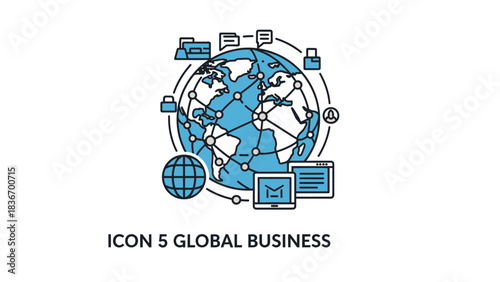 Global business communication network with connected technology icons illustrating worldwide data exchange, digital interconnectedness, and collaborative strategies