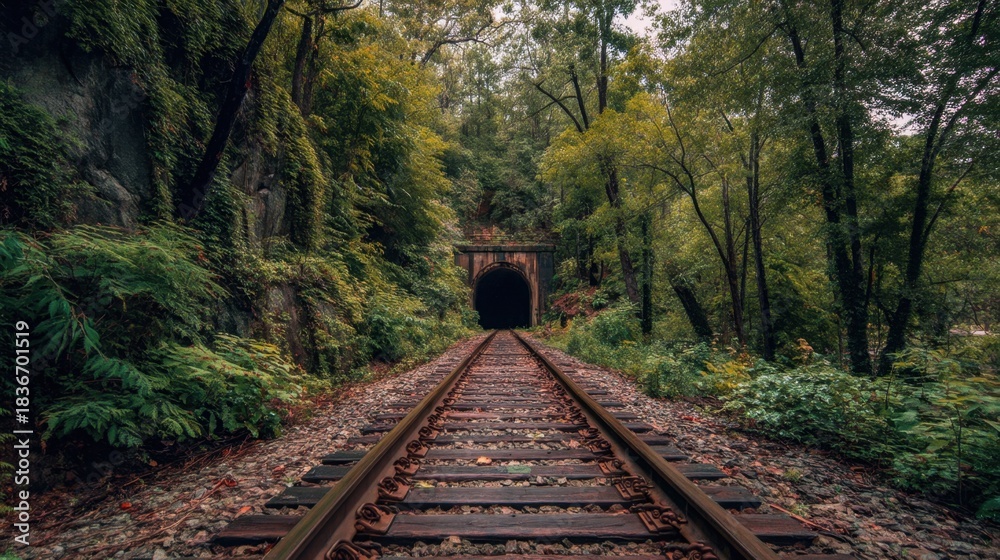 Fototapeta premium Train tracks run straight towards a dark tunnel in a forest. Tall trees and green plants line both sides of the tracks. The scene shows early morning light filtering through the foliage.