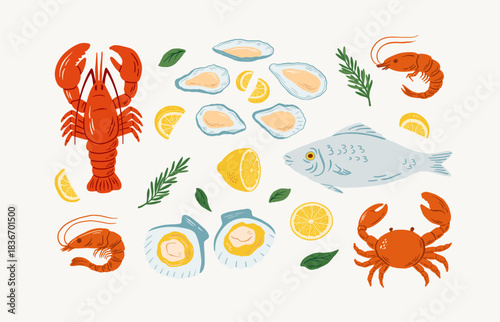 Hand drawn seafood set with lobster, fish, crab, shrimp, oyster, scallop and lemon vector illustration