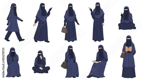 Collection of Muslim women wearing niqab and abaya showing diverse daily activities and poses