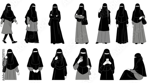 Diverse collection of Muslim women wearing niqab demonstrating various modern poses and daily activities gracefully