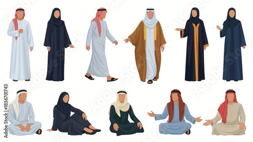 Diverse collection of standing and sitting Arab men and women wearing traditional thobes and abayas for cultural representation