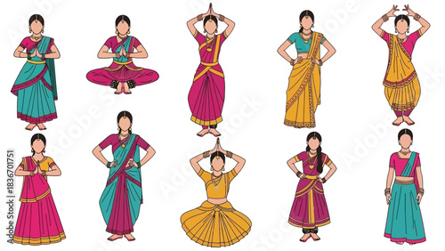 Vibrant collection of Indian classical dancers showing various traditional mudras and beautiful Bharatanatyam poses