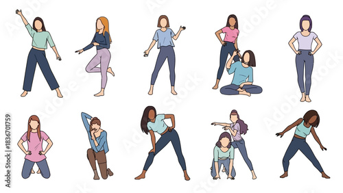 Diverse group of women demonstrating various dynamic poses perfect for fitness instruction or dance choreography guides