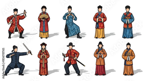 Vibrant collection of traditional Chinese martial arts figures and historical figures in period costume poses