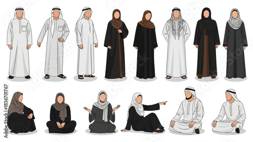 Diverse collection of Arab men and women showcasing traditional thobe dishdasha and abaya attire in various poses