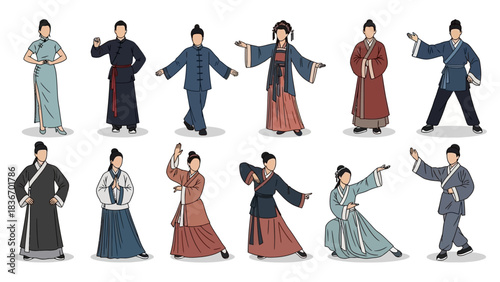 Stunning collection of traditional Chinese clothing styles and dynamic martial arts poses for cultural projects