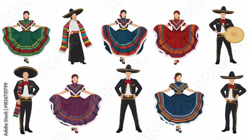 Vibrant collection of diverse Mexican folk dancers showcasing beautiful traditional Jalisco ballet folklorico costumes