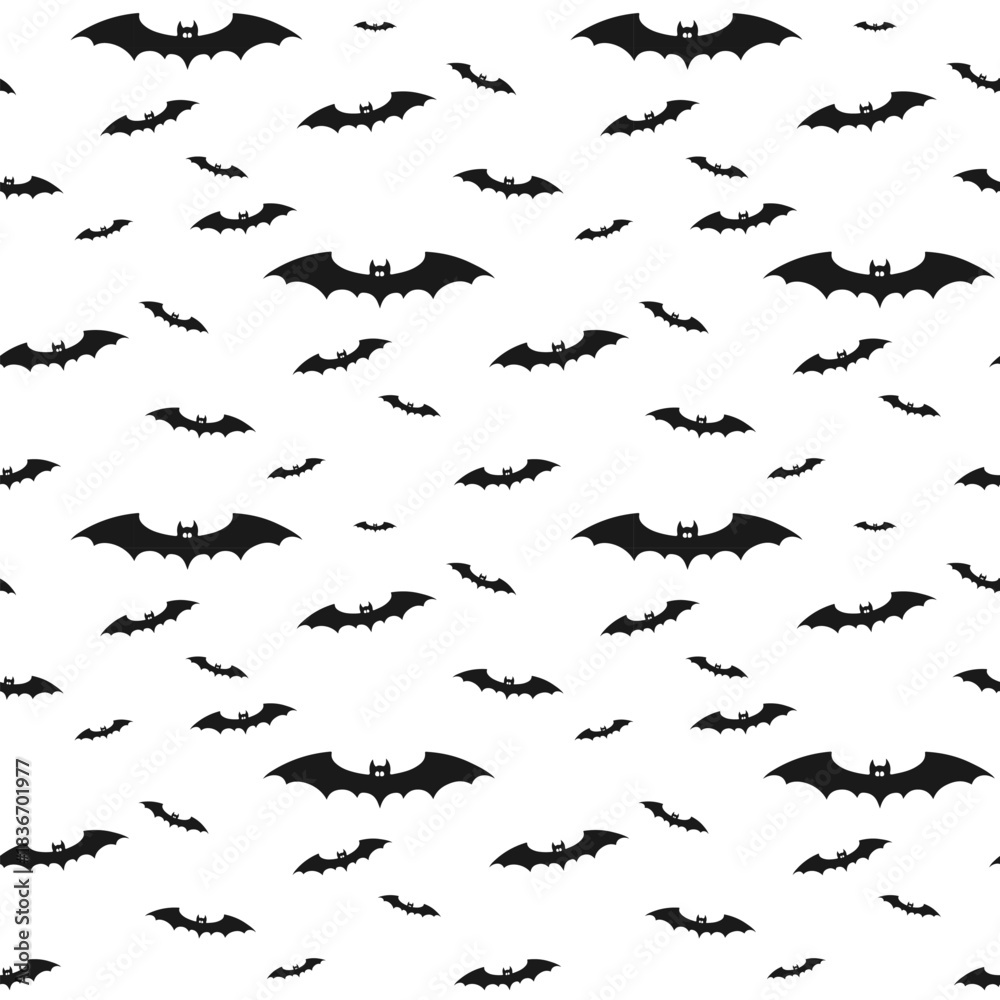 Fototapeta premium Flying scary black silhouettes bats on white background, Halloween pattern. Vector illustration