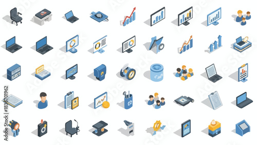 Isometric vector illustration icons of business, technology, and communication elements, suitable for presentations and web design