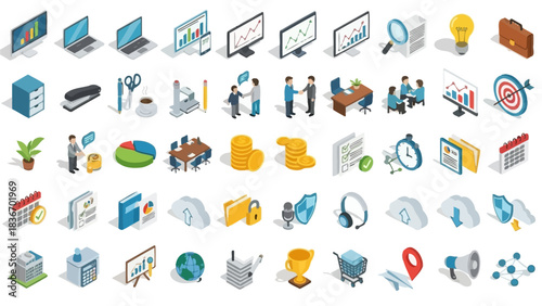 Collection of Isometric Business Icons Representing Technology, Finance, Communication, and Strategy for Digital Projects