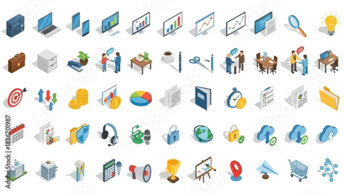 A comprehensive isometric icon set illustrating modern business concepts, digital technology, financial growth, and communication solutions for professional projects and creative graphic design