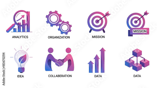 Business and Strategy Icons Analytics, Organization, Mission, Idea, Collaboration, Data