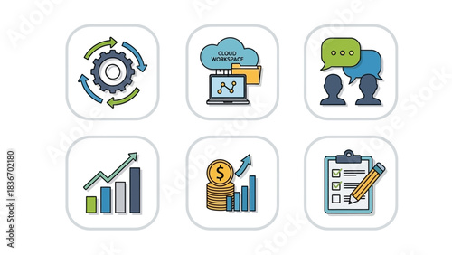 Business growth and strategy icons workflow, cloud computing, discussion, analytics, finance, and planning
