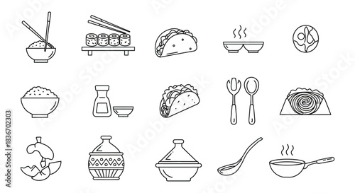 International cuisine icons diverse foods from around the world highlighting culinary traditions suitable for a cooking blog or recipe website showcasing global flavors.