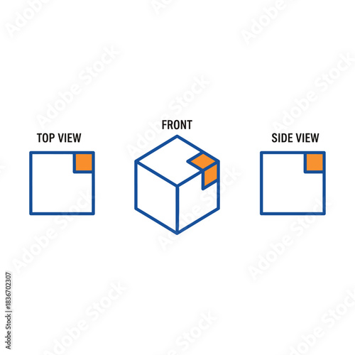 Isometric projection with views showing a square cube with a section cut out representing technical drawing used to visualise an object or part