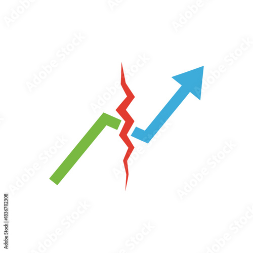 interrupted growth depicting a business strategy facing challenges with a broken trend line against a white background for financial reporting