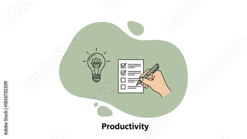 Concept illustration representing productivity with a checklist and a lightbulb symbolizing ideas and achievements