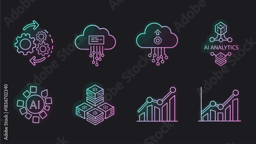 AI analytics and data science icons depicting cloud computing, blockchain, and business growth