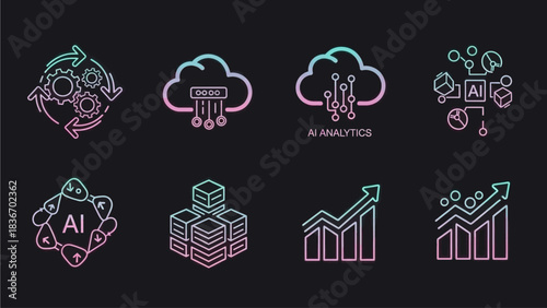 Artificial Intelligence and Data Analytics Icons Representing Modern Technology and Cloud Computing Concepts