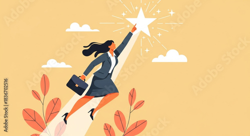 Businesswoman Reaching for Success with Star Symbol in Abstract Outdoor Illustration