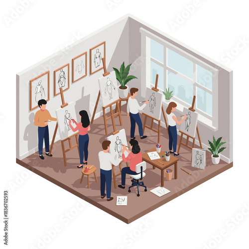 Isometric 3D Vector Art Style Studio Classroom Scene with Diverse Students Painting and Drawing on Easels Under Natural Light Near Large Windows
