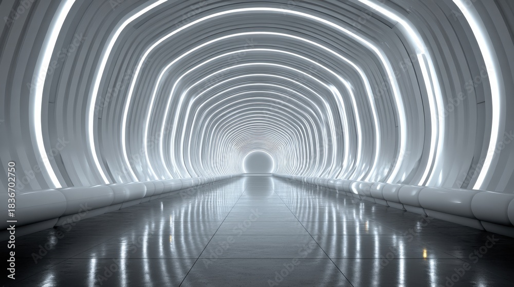 Obraz premium A long tunnel features bright lights along the sides. The floors are shiny and reflect the light. The end of the tunnel fades into bright light suggesting a destination.