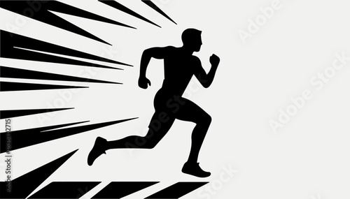 A black and white silhouette of a running man with dynamic lines — energy and movement. Ideal for fitness brands, mobile apps, and sports advertising. Vector graphics. EPS_03.