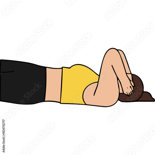 Overweight Person Lying Down on Floor Face Buried in Arms Wearing Yellow Tank Top and Black Shorts in Simple Illustration Style