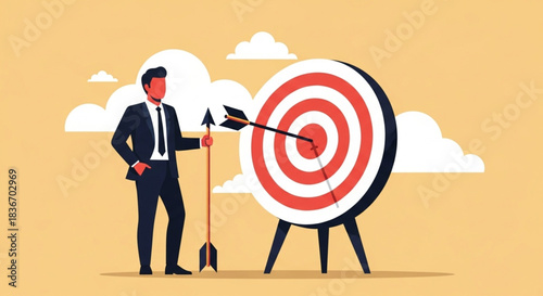 Businessman aiming dart at target board in office setting, strategic focus, success concept, side view illustration