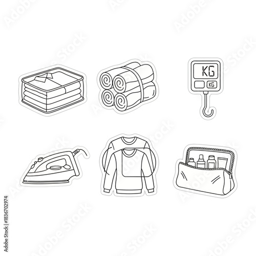 laundry and cleaning icons folded clothes iron and towels perfect for illustrating chores home organization and cleaning services concepts.
