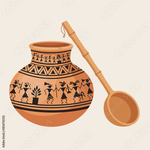 Artistic pottery jar with stylized figures and a bamboo spoon illustration