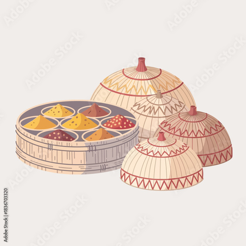 Artistic representation of a spice box alongside a stack of handcrafted lids
