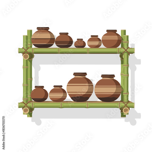 Elevated earthenware vessels on rustic bamboo shelves illustration
