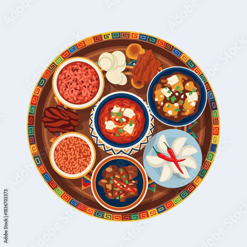 Festive Traditional Bhutanese Cuisine and Cultural Culinary Display Illustration
