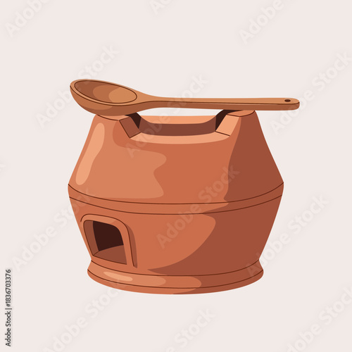 Handcrafted Clay Oven with Wooden Spoon for Culinary Creations
