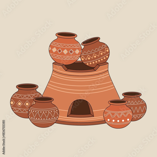 Handcrafted Pottery Scene with Kiln and Decorated Vases Illustration