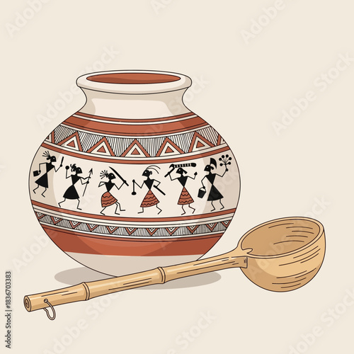 Handcrafted pot with tribal art depiction alongside a wooden ladle vector art