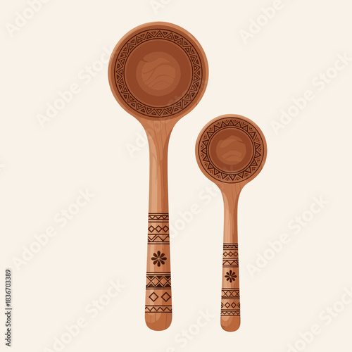 Handcrafted wooden spoons with ethnic pattern for culinary and decorative use