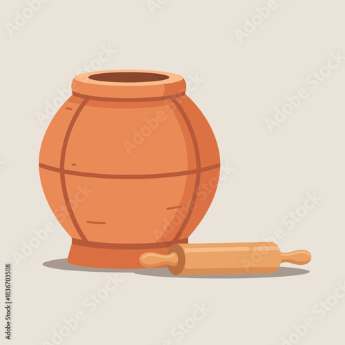 Rustic Kitchen Still Life: A Clay Mixing Bowl with Wooden Rolling Pin
