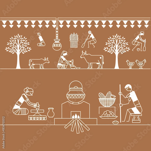Capturing Daily Life: Traditional Indian Village Scene in Warli Art Style