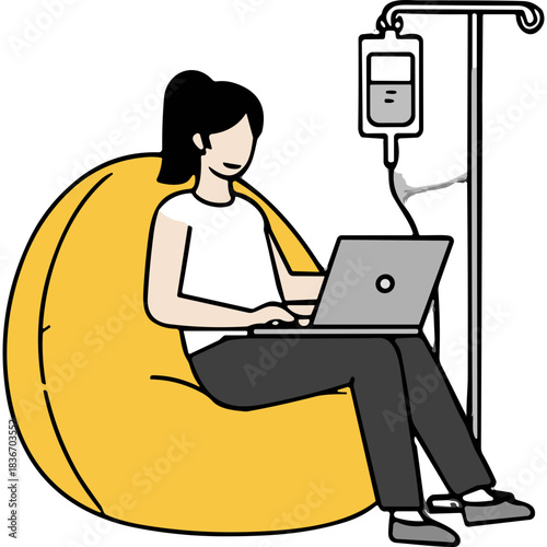 Person Sitting In A Yellow Beanbag Chair Typing On A Laptop With An Intravenous Drip Stand Beside Them In A White Room