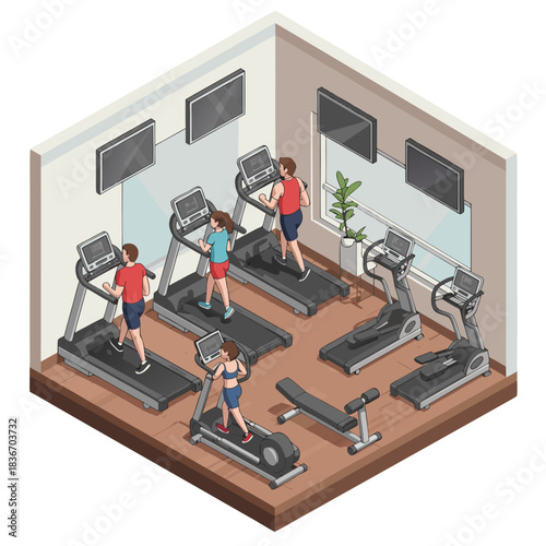 Isometric 3D Vector Illustration of People Exercising on Treadmills and Elliptical Machines in a Well-Lit Modern Gym With Monitors and Plants