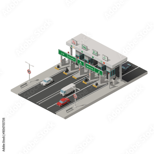 Isometric 3D Vector Illustration of a Highway Toll Booth with Cars and Traffic Lights on a Gray Roadway During Daylight Featuring Green Signage and White Structures