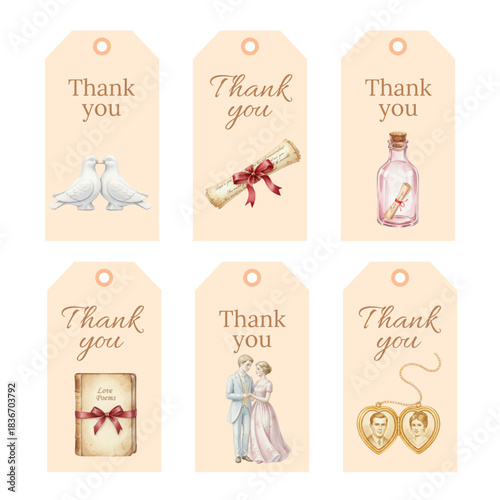 Watercolor Thank You Tags Set with Classic Bridal and Wedding Imagery